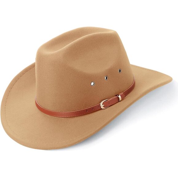 Women's khaki Western With Leather Band Buckle Classic Fedora Cowboy Felt Hat - Picture 8 of 8